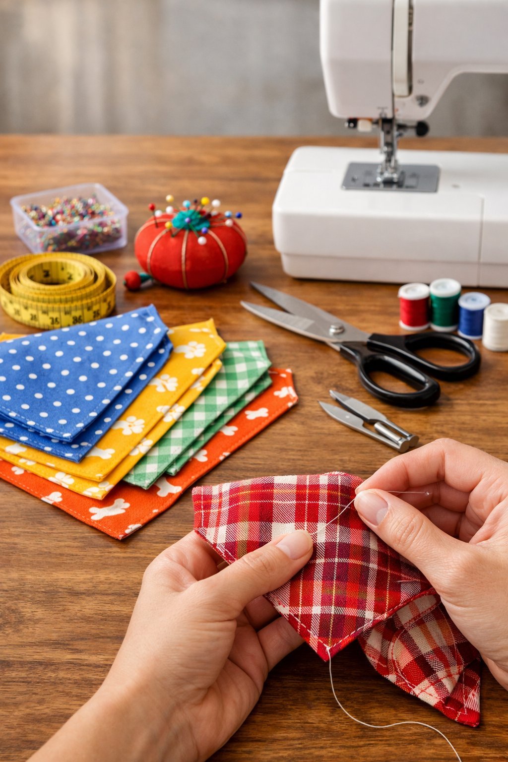 DIY Dog Bandana: Easy No-Sew Tutorial for Your Furry Friend Hands sewing a colorful dog bandana on a wooden table with sewing materials and a sewing machine nearby.