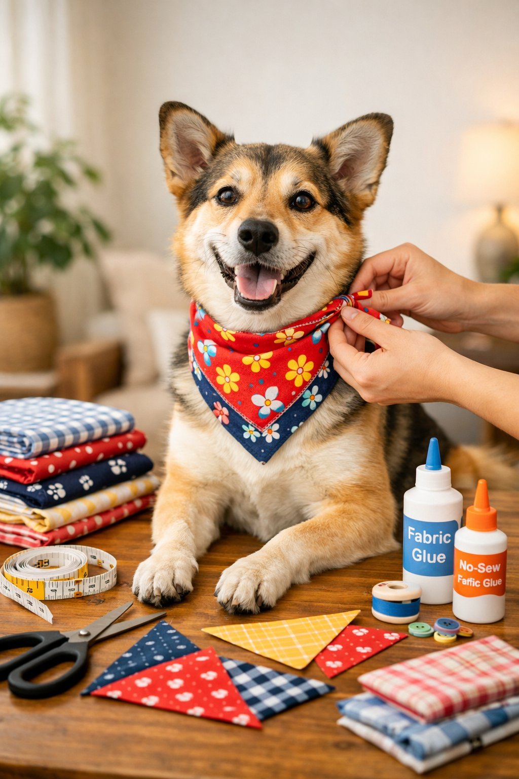 DIY Dog Bandana: Easy No-Sew Tutorial for Your Furry Friend A dog wearing a colorful fabric bandana sits on a table surrounded by crafting materials with hands adjusting the bandana.