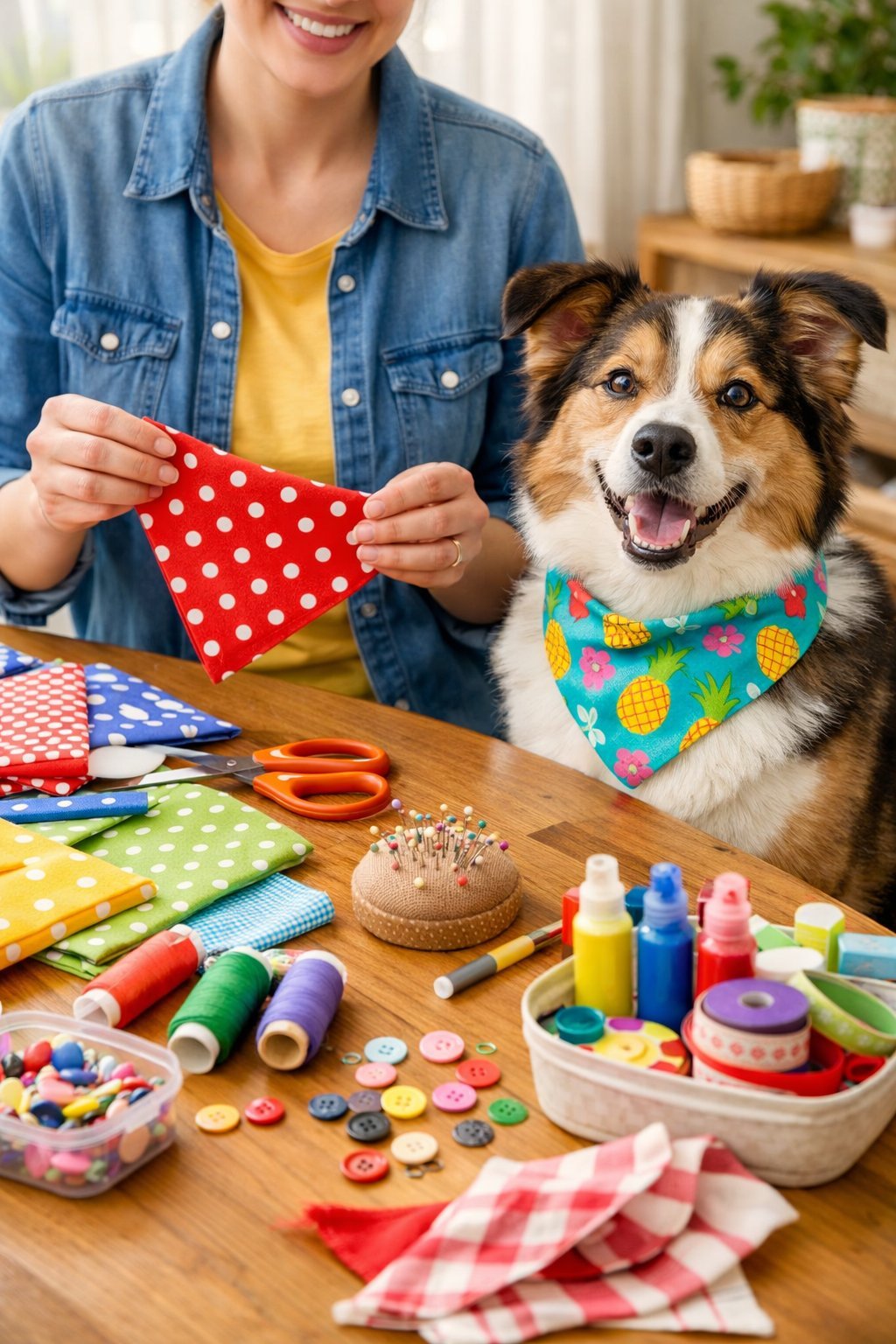 DIY Dog Bandana: Easy No-Sew Tutorial for Your Furry Friend Person crafting a colorful dog bandana at a table with a dog wearing the finished bandana sitting beside them.