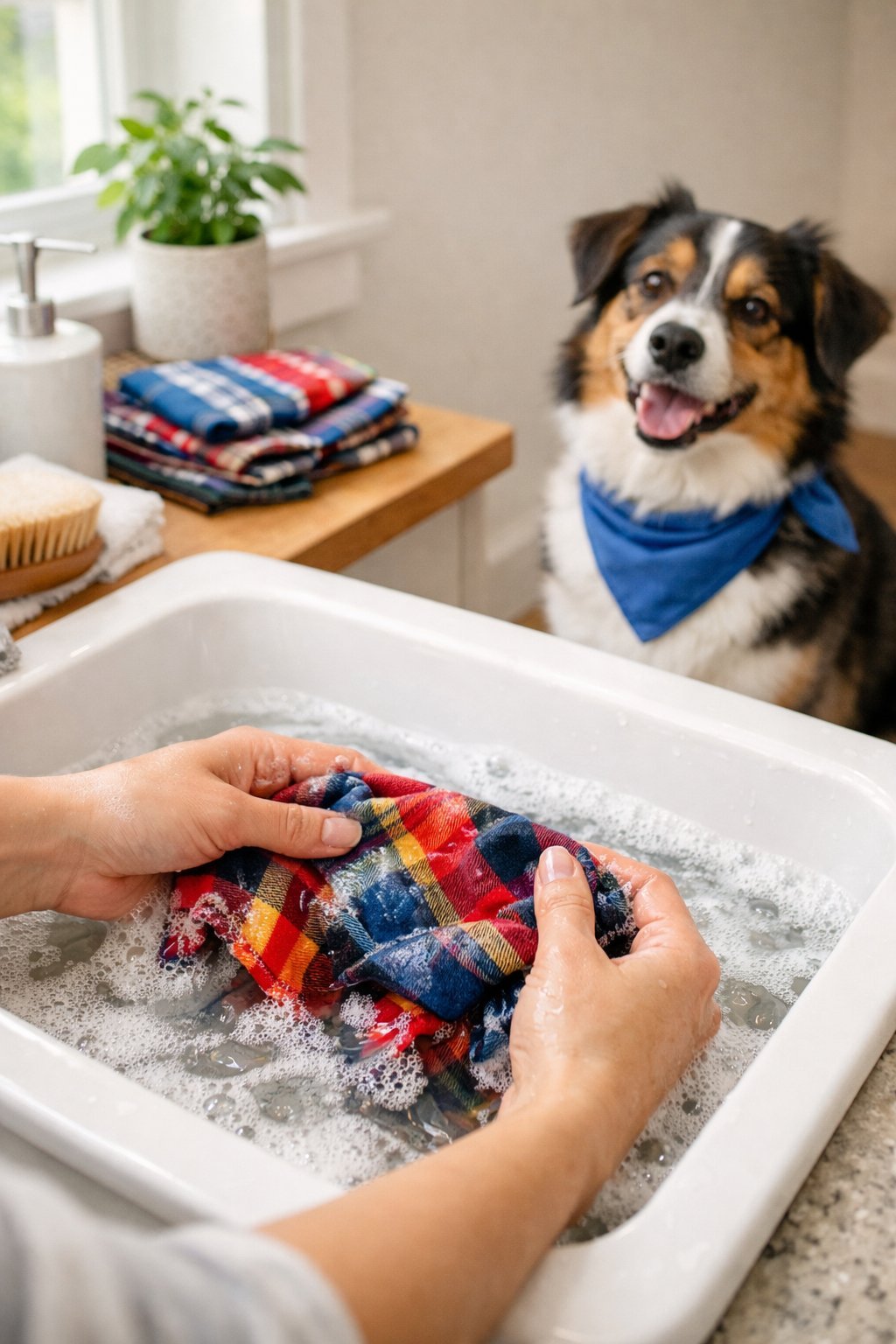 DIY Dog Bandana: Easy No-Sew Tutorial for Your Furry Friend Person washing a dog bandana by hand in a sink while a dog wearing a bandana sits nearby.