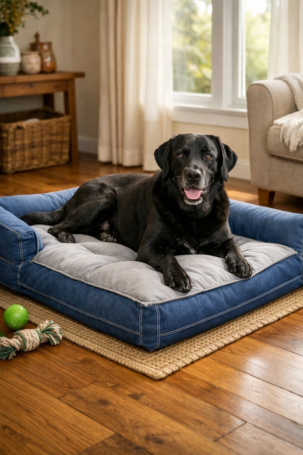 A large dog resting comfortably on a handmade dog bed in a bright living room.