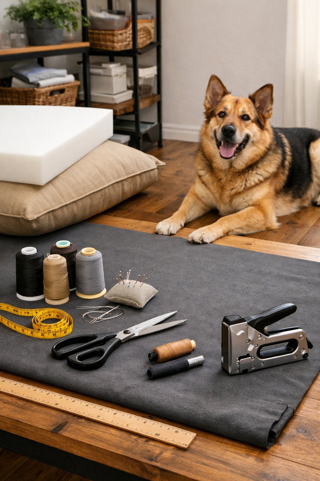 A workspace with fabric, sewing tools, foam padding, and a large dog nearby, prepared for making a dog bed.
