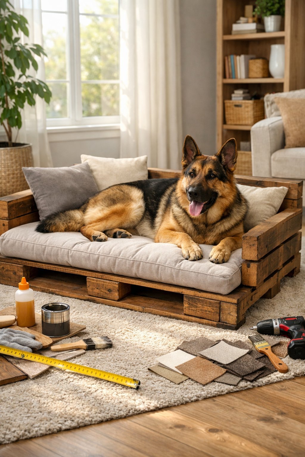 A large dog resting comfortably on a handmade wooden dog bed with cushions in a bright living room.