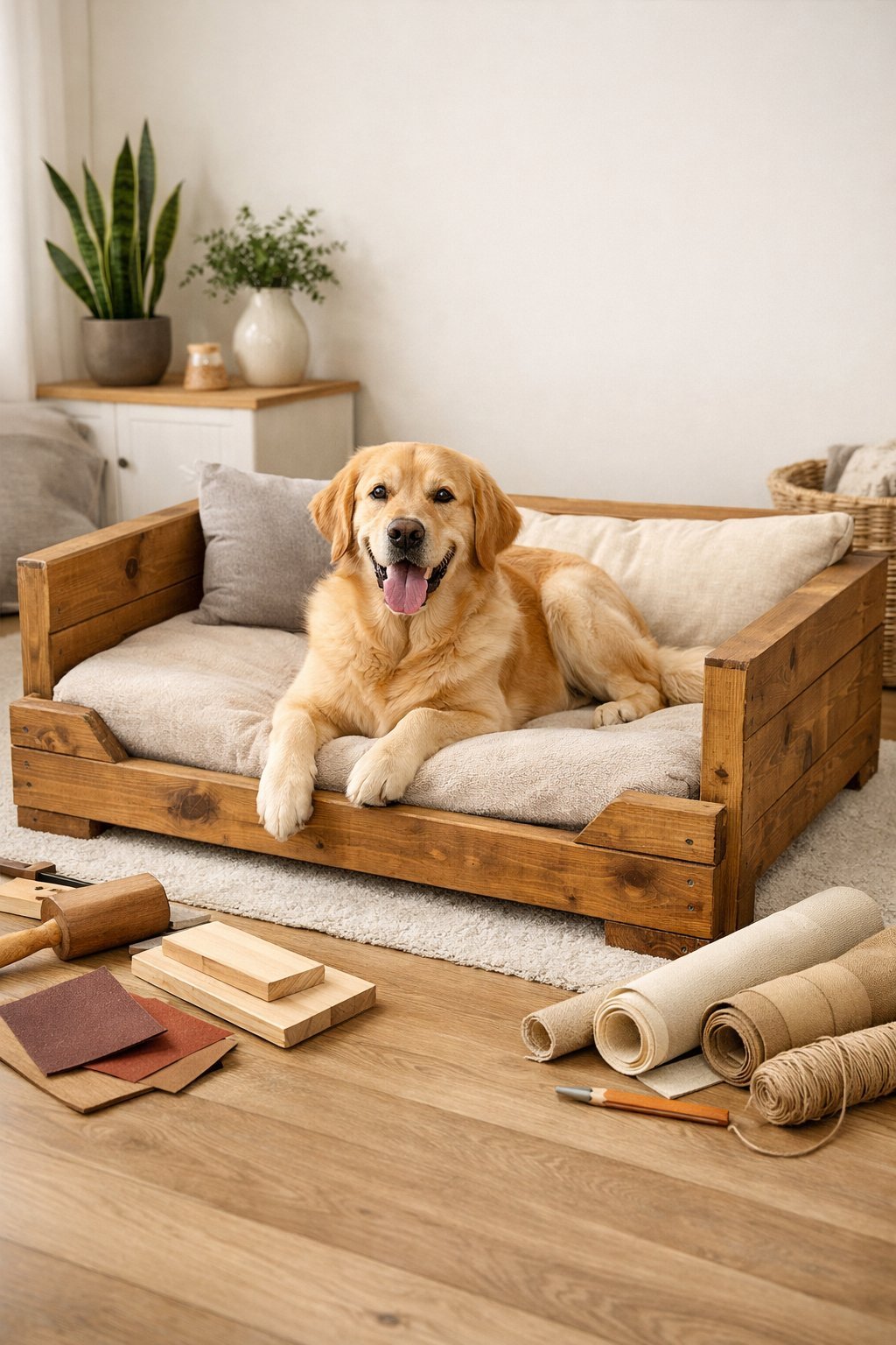 A large dog lying comfortably on a spacious wooden dog bed with cushions in a bright living room.