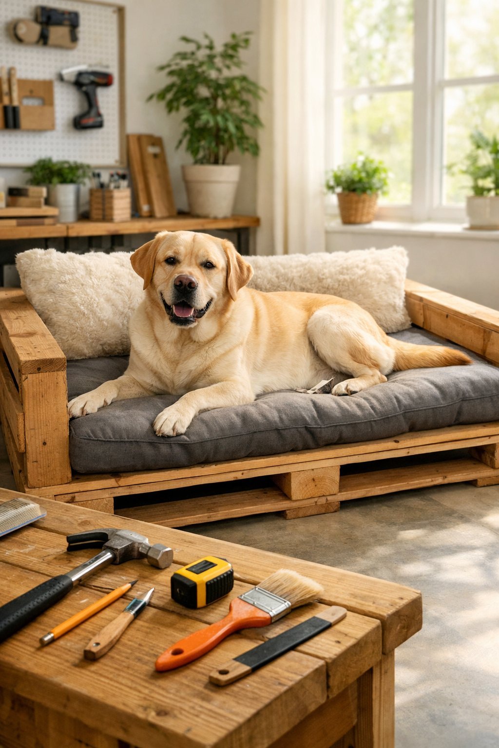 A large dog resting comfortably on a handmade wooden dog bed in a bright indoor space with tools nearby.