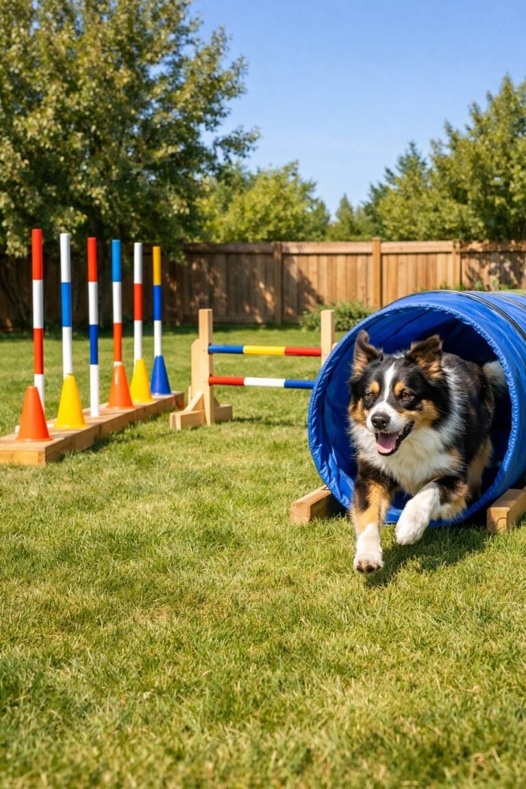A dog running through a homemade agility course in a sunny backyard with grass and a wooden fence.