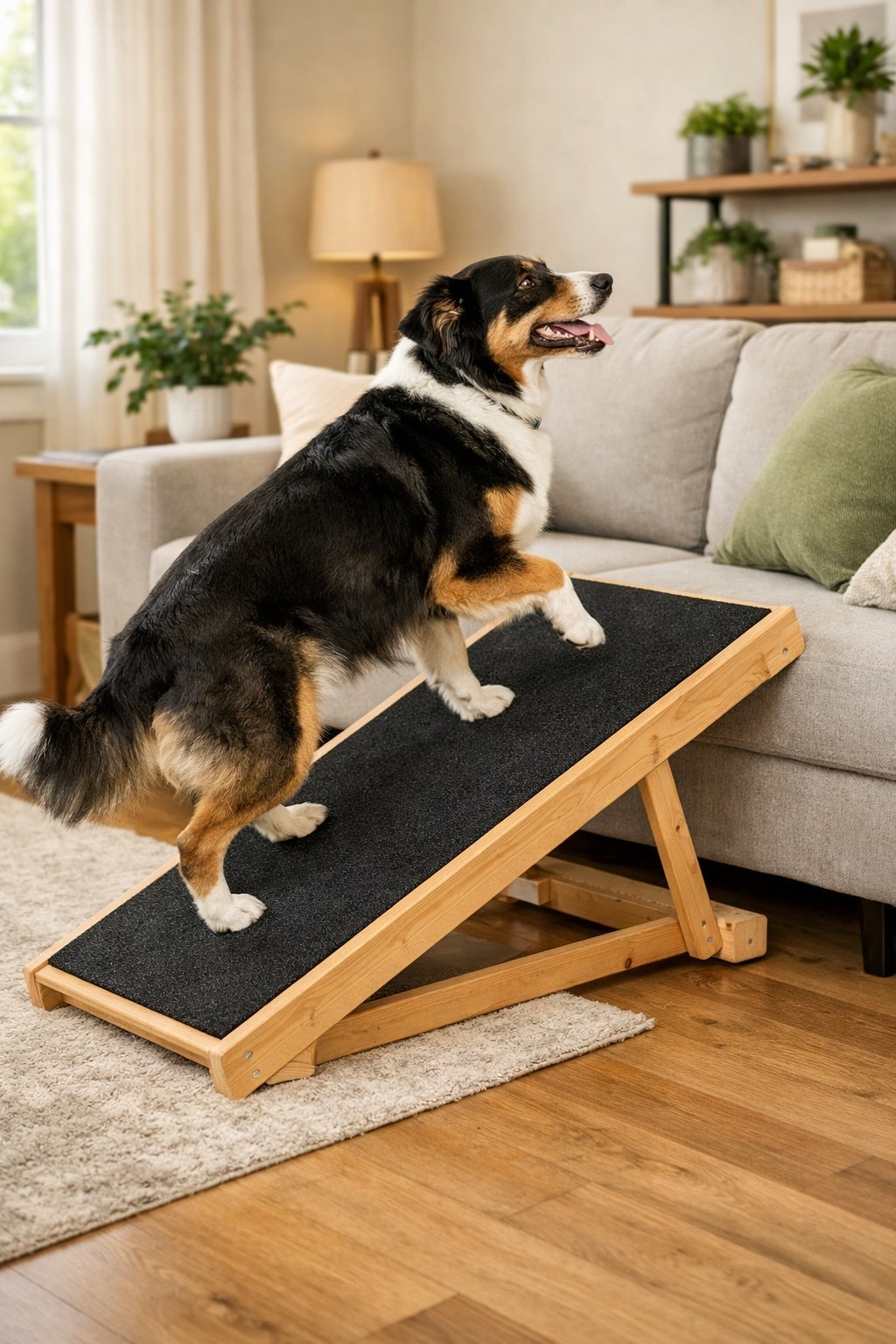 A dog walking up a wooden ramp placed against a couch in a living room.