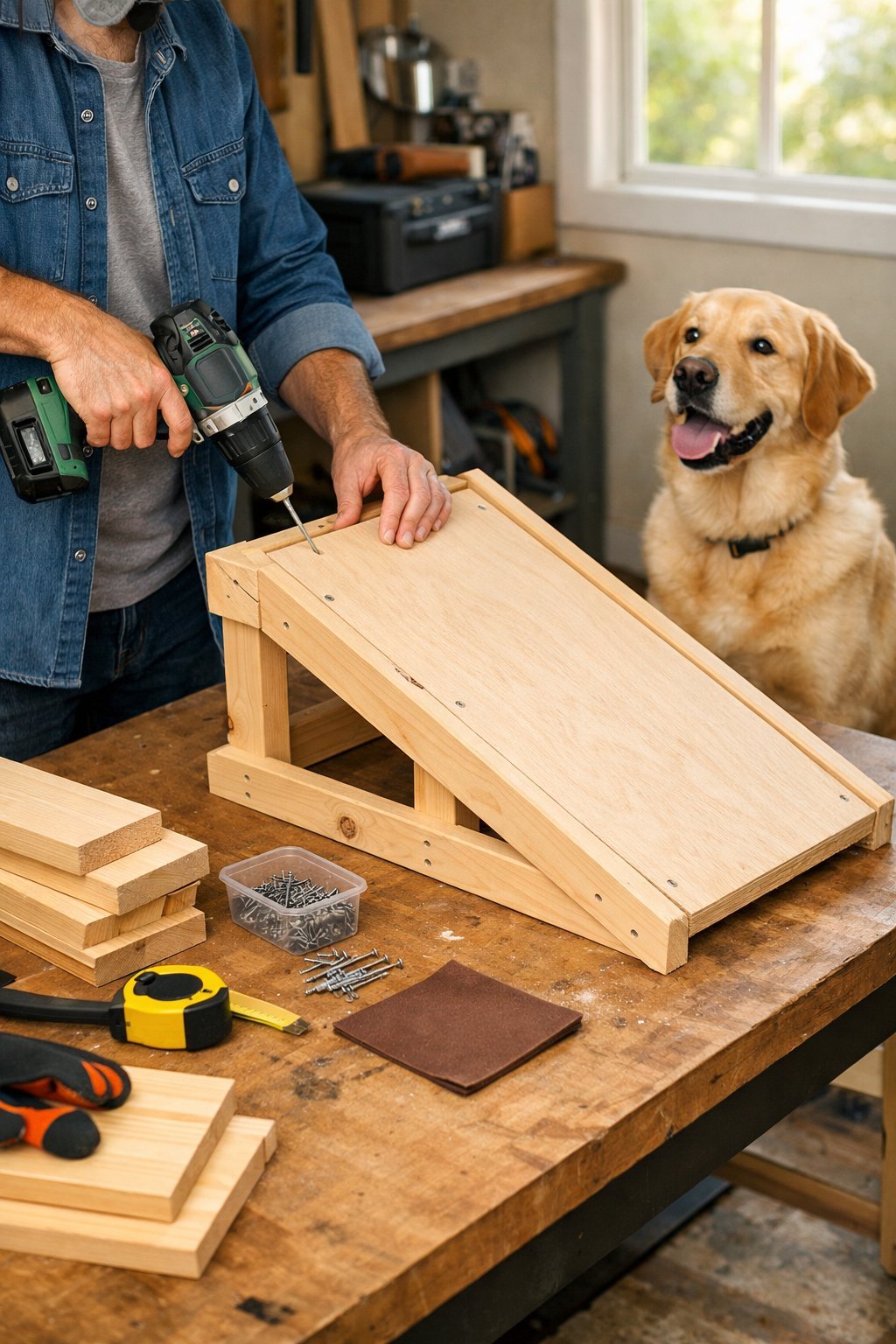 Person building a wooden dog ramp in a workshop with a dog watching nearby.