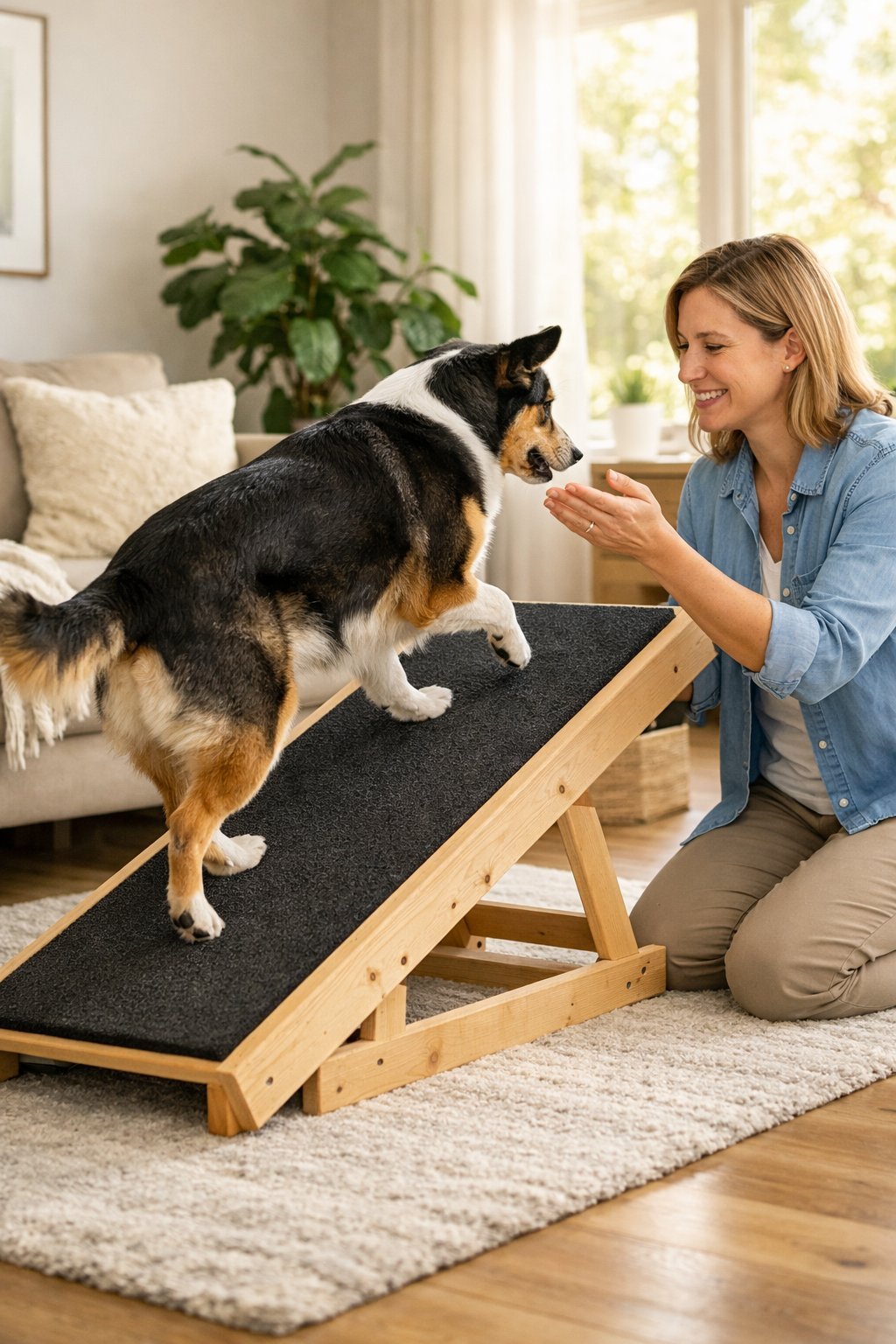 A person guides a dog walking up a homemade wooden ramp inside a bright living room.