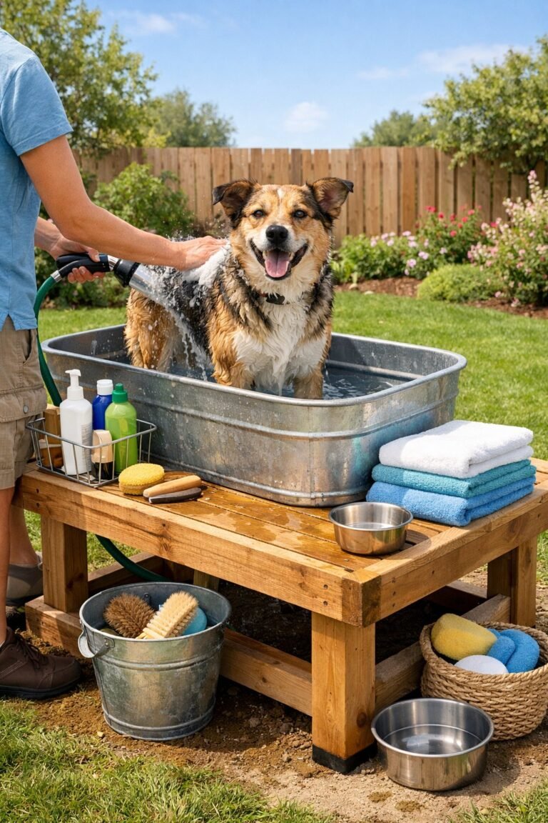 An outdoor DIY dog washing station with a dog being washed on a raised platform in a sunny backyard.
