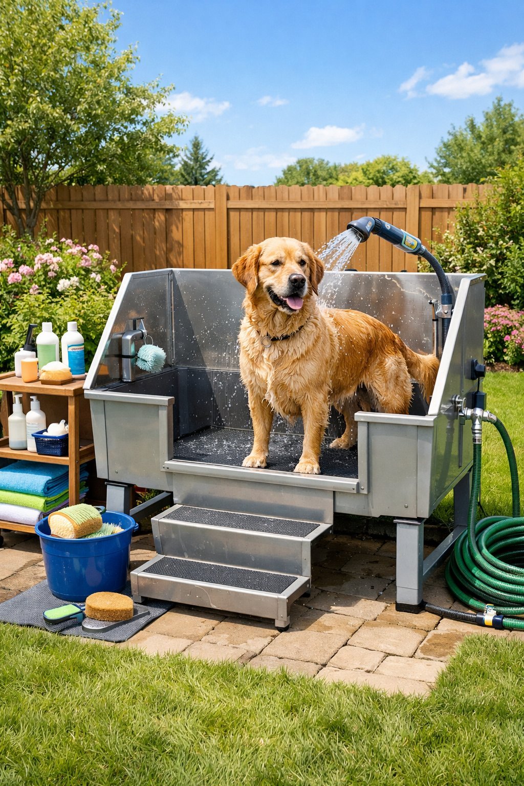 DIY Dog Washing Station Outdoor: Easy Backyard Setup Guide for Happy Pups Outdoor backyard with a dog standing in a raised washing tub surrounded by dog washing supplies and garden plants.