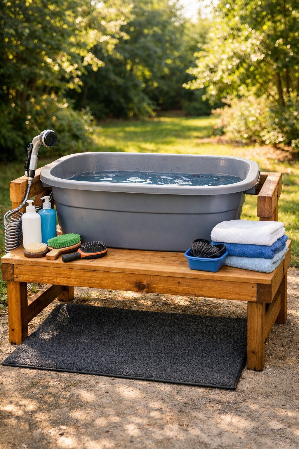 DIY Dog Washing Station Outdoor: Easy Backyard Setup Guide for Happy Pups An outdoor DIY dog washing station with a wooden frame, basin filled with water, dog shampoo, brushes, towels, and a garden background.