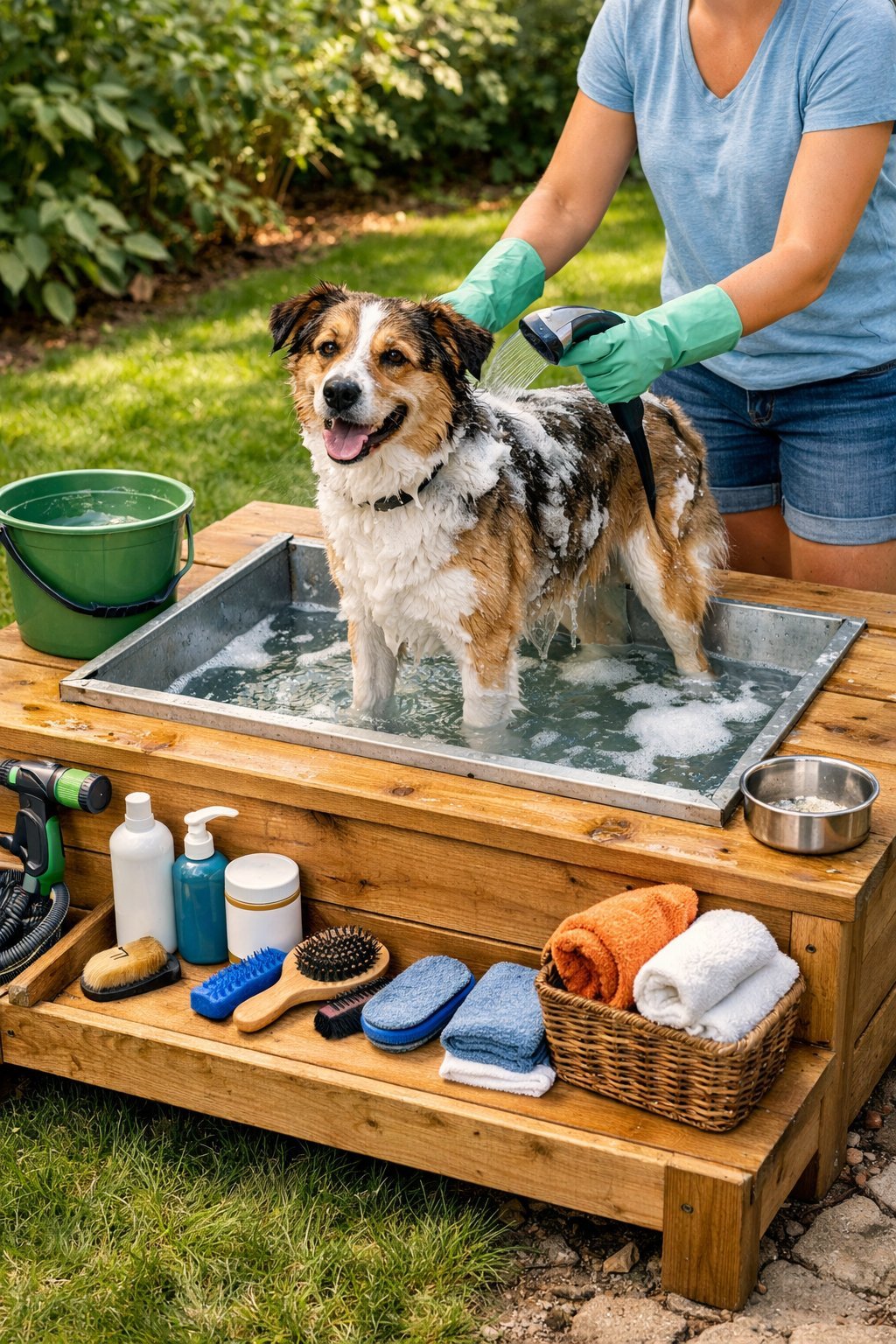 DIY Dog Washing Station Outdoor: Easy Backyard Setup Guide for Happy Pups A person washing a dog outdoors at a wooden dog washing station in a backyard.