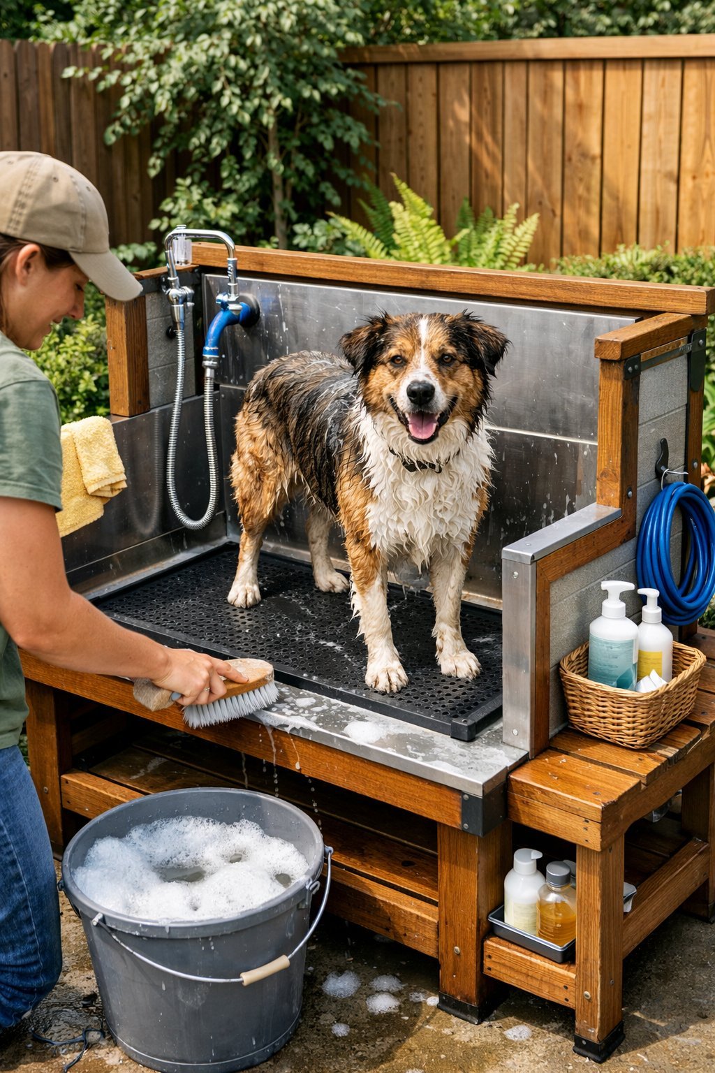 DIY Dog Washing Station Outdoor: Easy Backyard Setup Guide for Happy Pups A person cleaning an outdoor DIY dog washing station while a dog stands on the platform in a backyard.