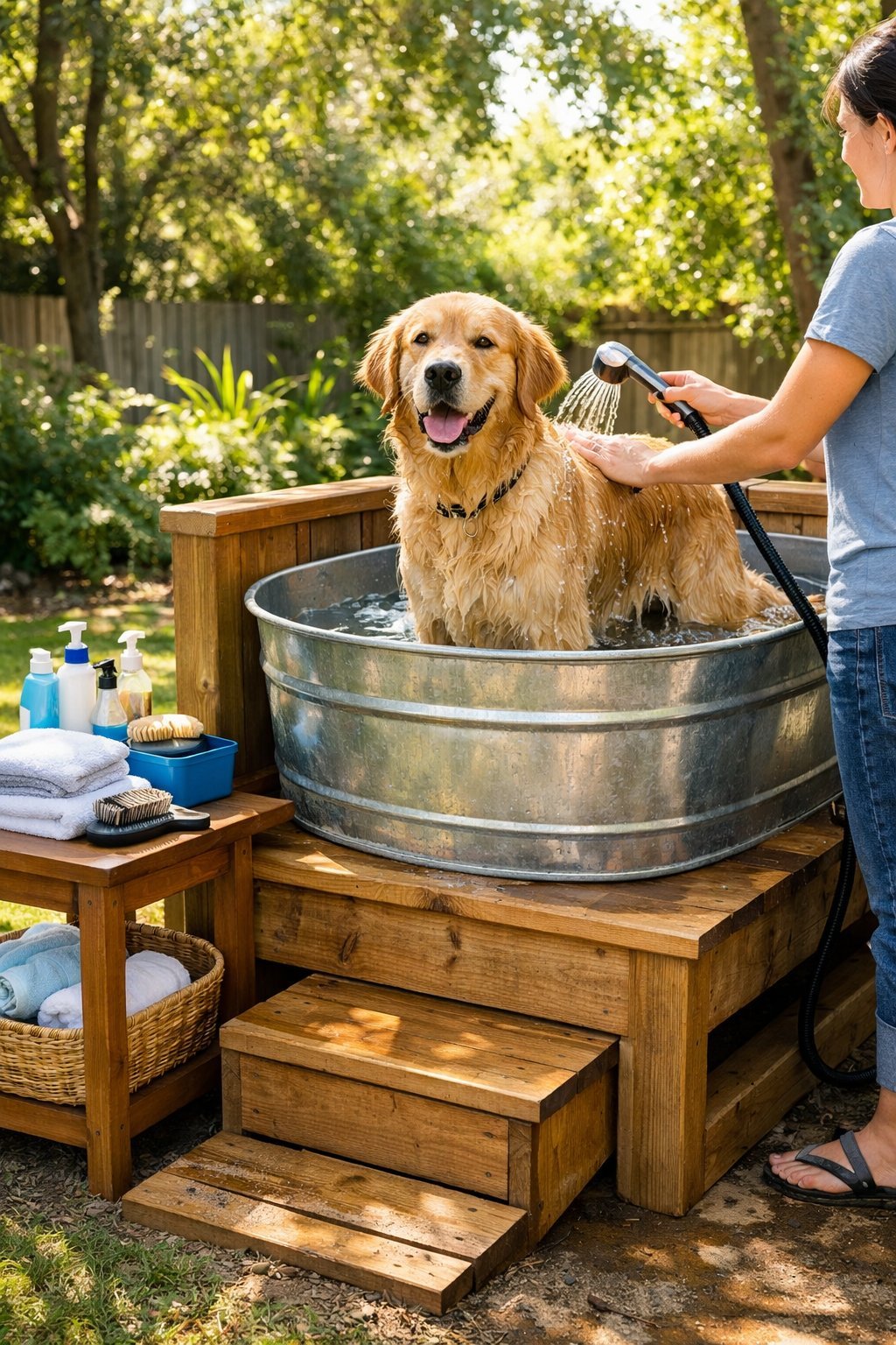 DIY Dog Washing Station Outdoor: Easy Backyard Setup Guide for Happy Pups A person washing a dog outdoors at a DIY dog washing station in a backyard with greenery.