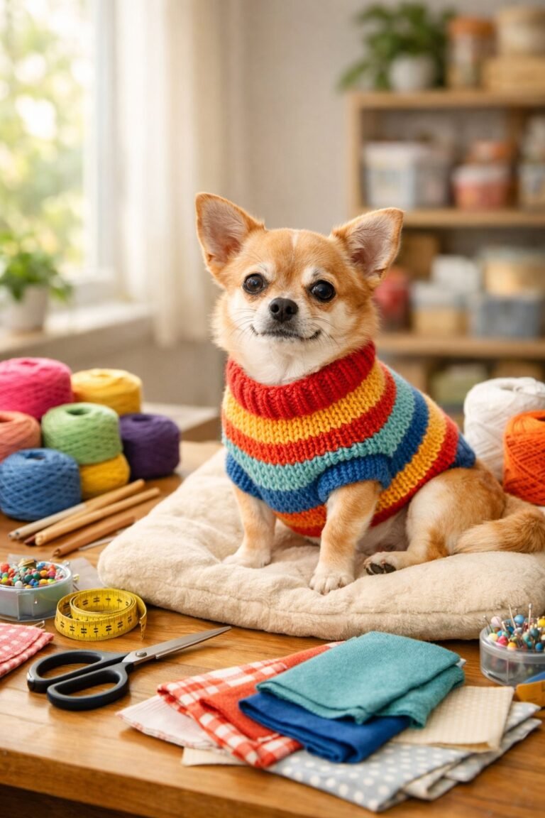 A small dog wearing a colorful knitted sweater sits on a cushion surrounded by yarn, knitting needles, scissors, and fabric on a wooden table.