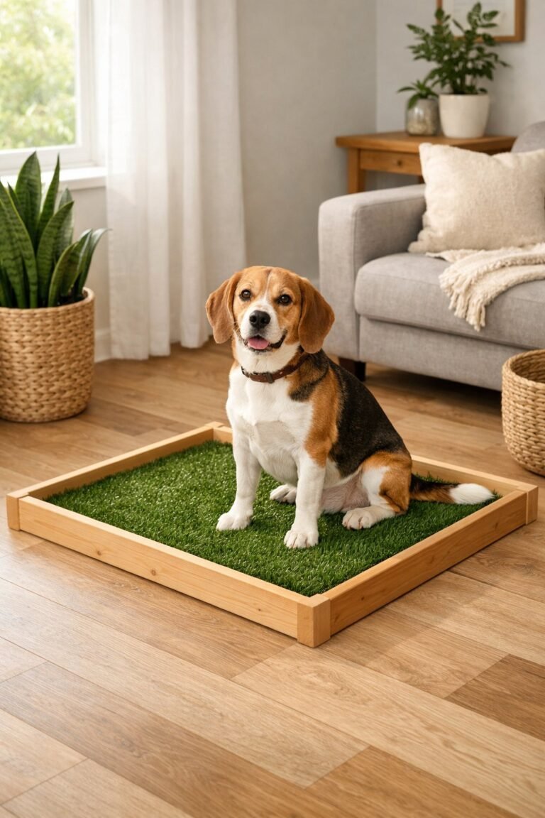 A dog standing near a small indoor potty area with artificial grass in a bright home interior.