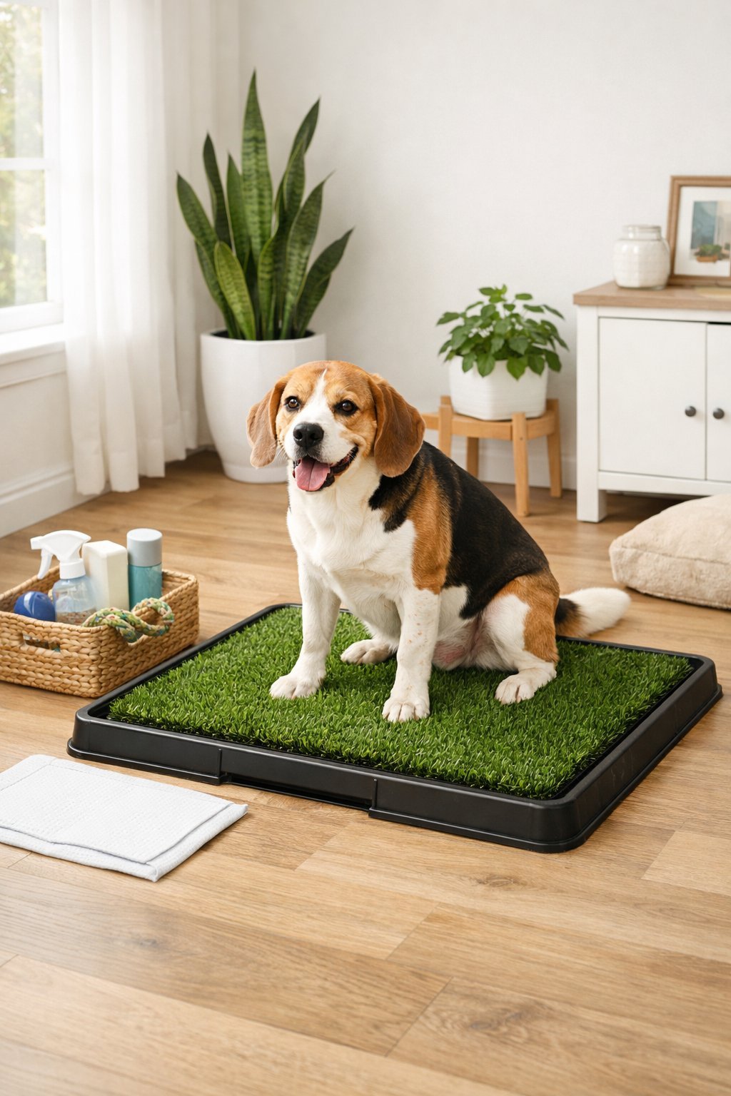 A medium-sized dog using a clean indoor potty area with artificial grass inside a bright and tidy home.