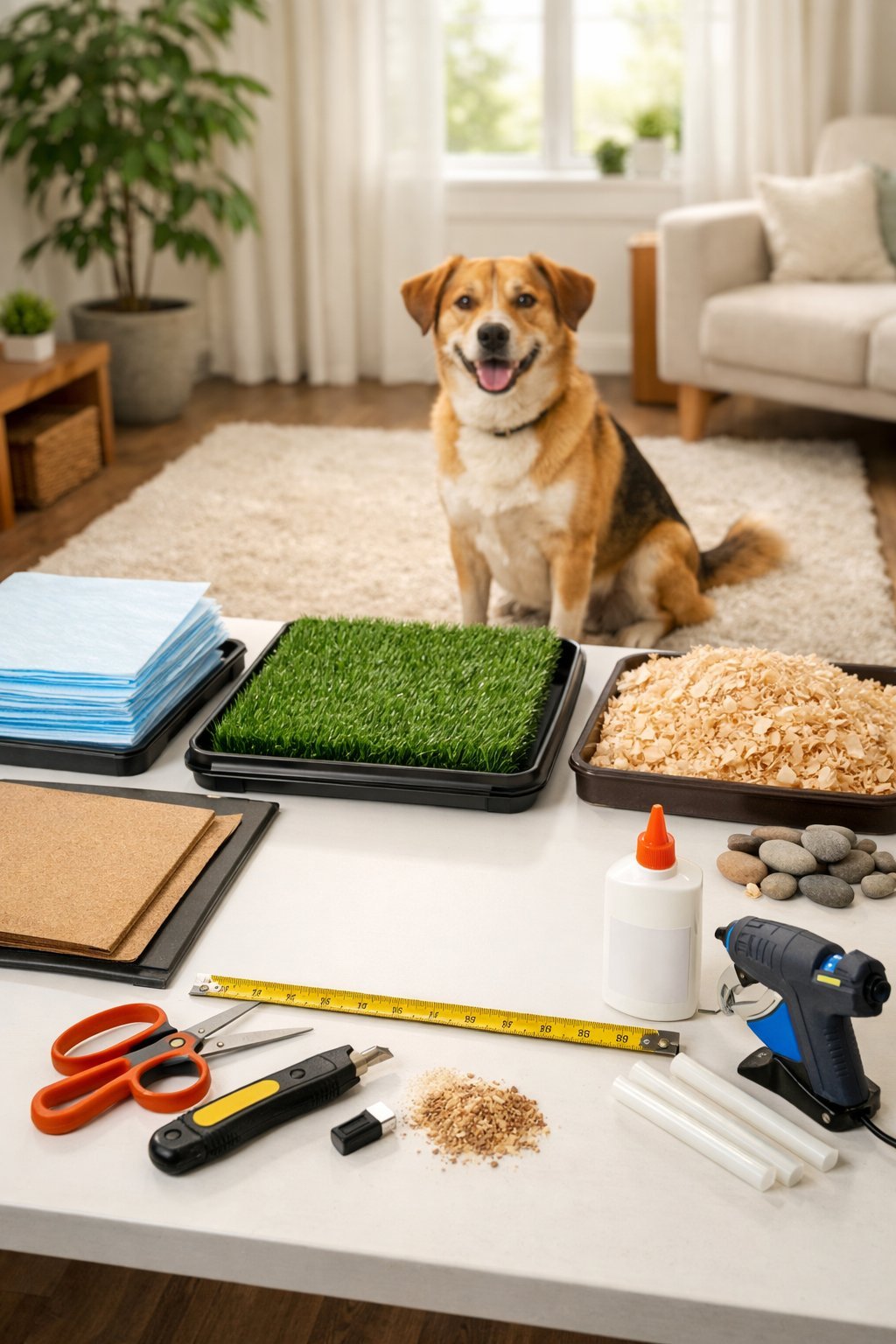 Indoor workspace with materials and tools for making a DIY dog potty, and a dog waiting nearby in a living room.