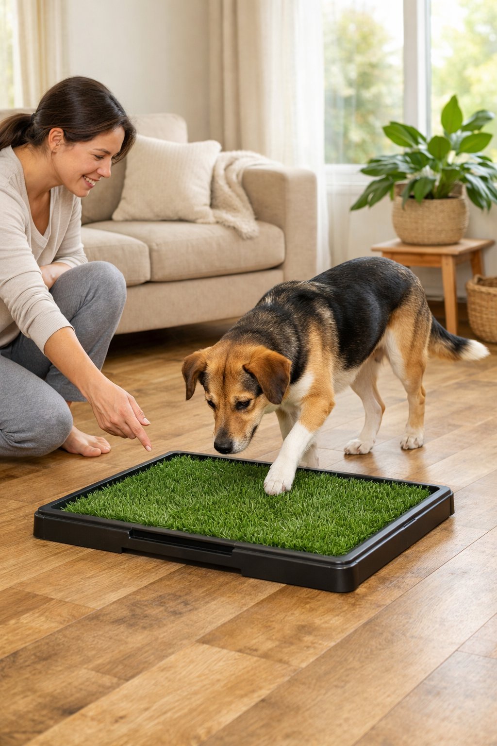 A person guiding a dog to use an indoor dog potty tray in a bright living room.