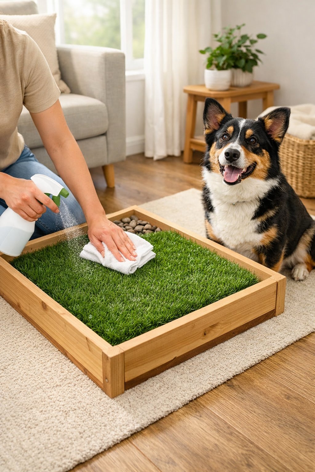 A person cleaning a DIY indoor dog potty while a dog sits nearby in a bright living room.