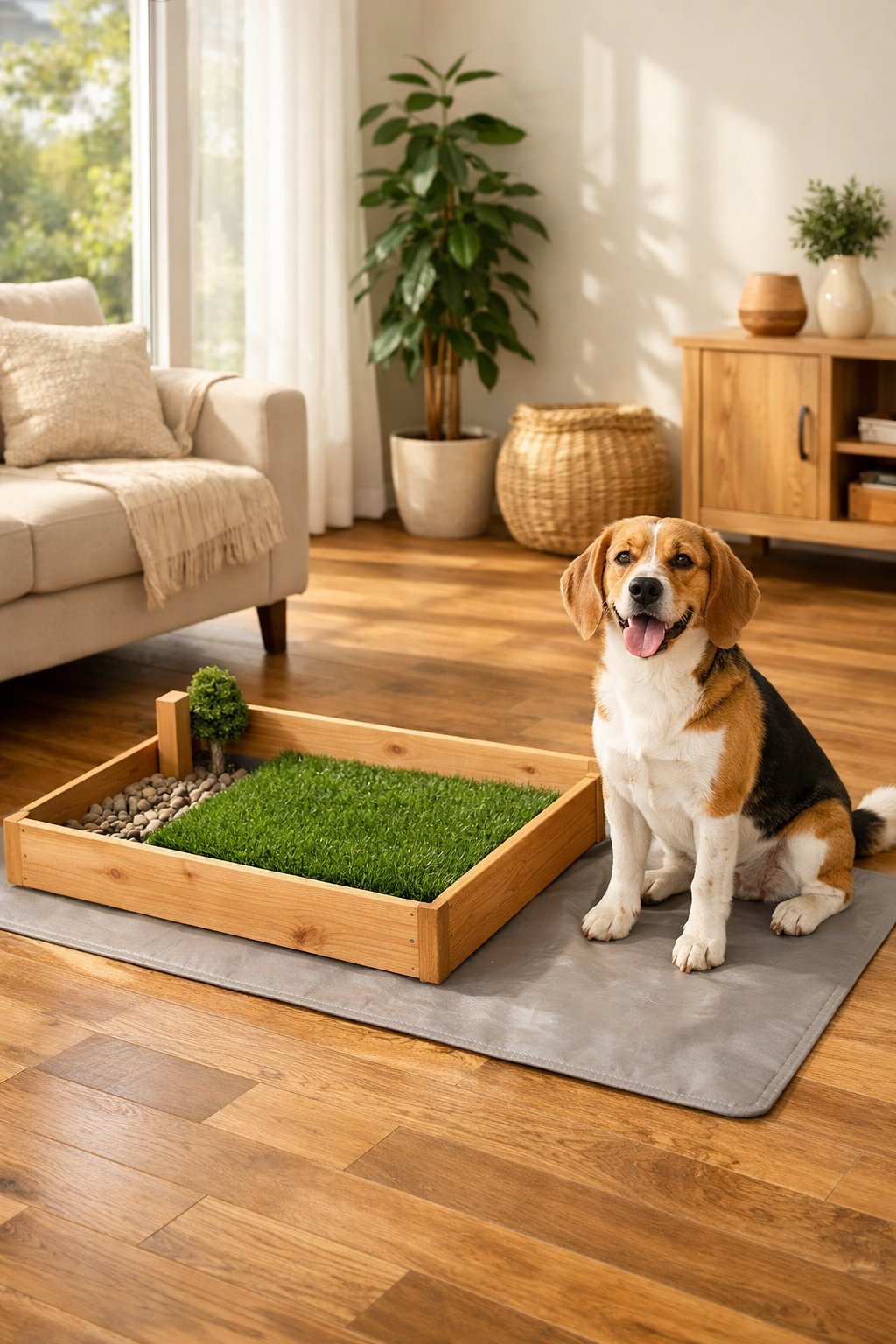 Indoor living room with a small dog standing near a DIY indoor dog potty area made of wood and artificial grass.