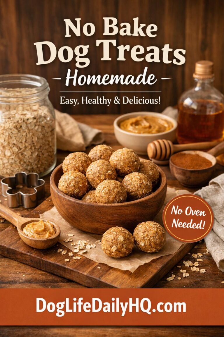 vertical pinterest pin, no bake dog treats homemade aesthetic. rustic homestyle photography, warm natural light, wooden surfaces, cozy kitchen or home atmosphere