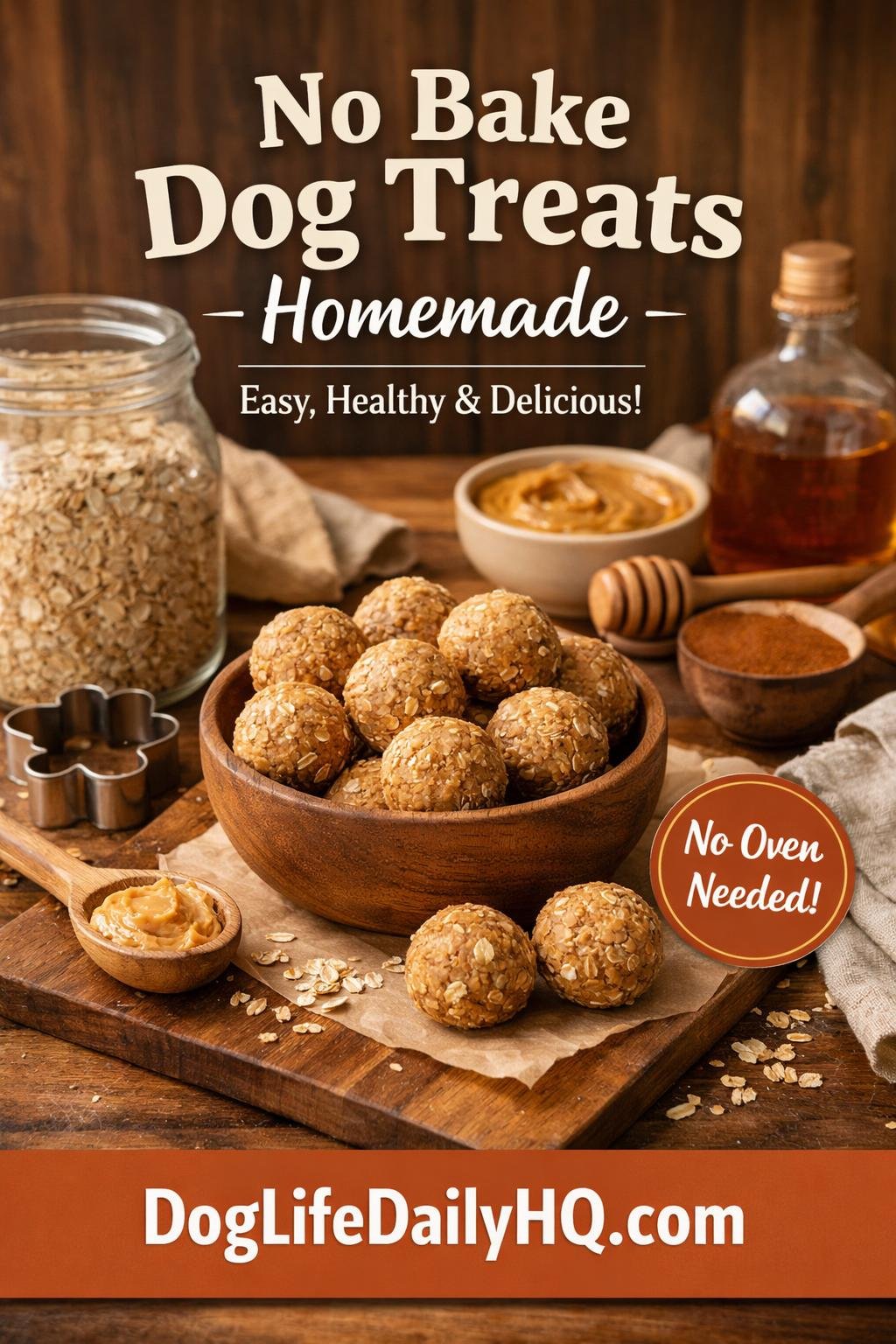 vertical pinterest pin, no bake dog treats homemade aesthetic. rustic homestyle photography, warm natural light, wooden surfaces, cozy kitchen or home atmosphere