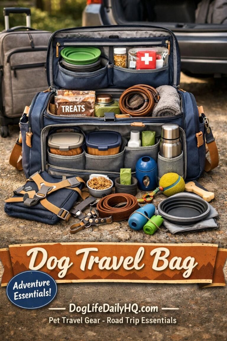 gpt image 1.5 condensed prompt vertical pinterest pin dog travel bag aesthetic. top fully pack 1