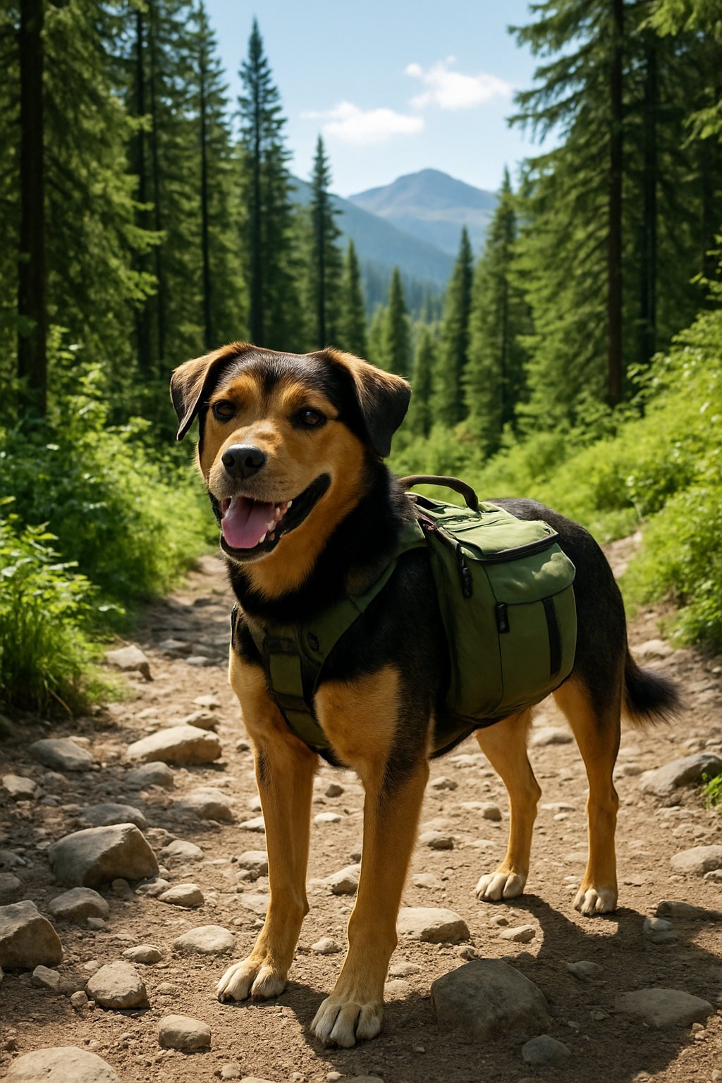A dog wearing a hiking backpack standing on a forest trail with trees and mountains in the background.