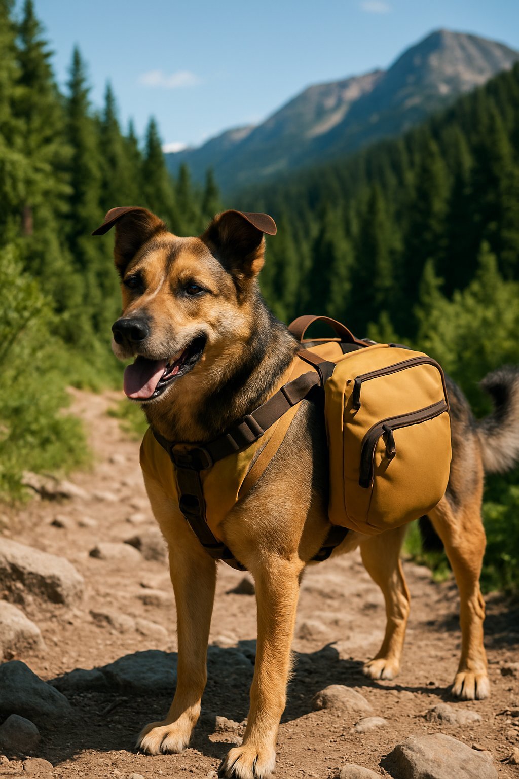 A dog wearing a hiking backpack standing on a forest trail with mountains in the background.