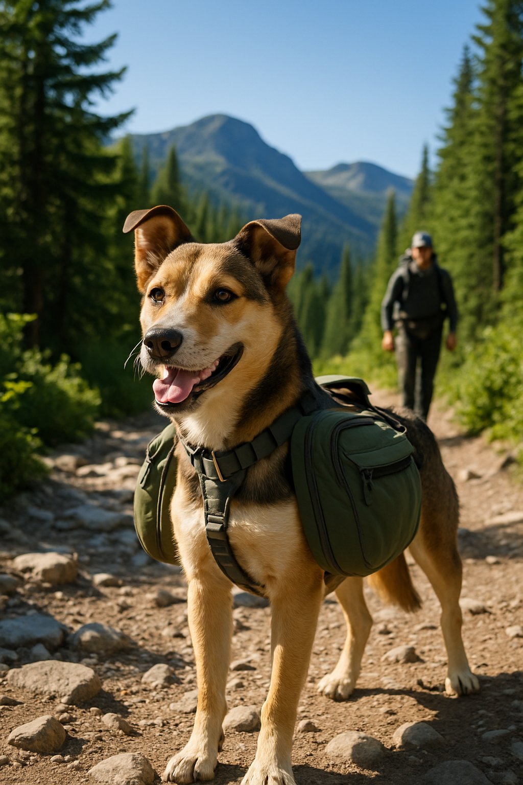 A dog wearing a hiking backpack stands on a forest trail with mountains in the background.