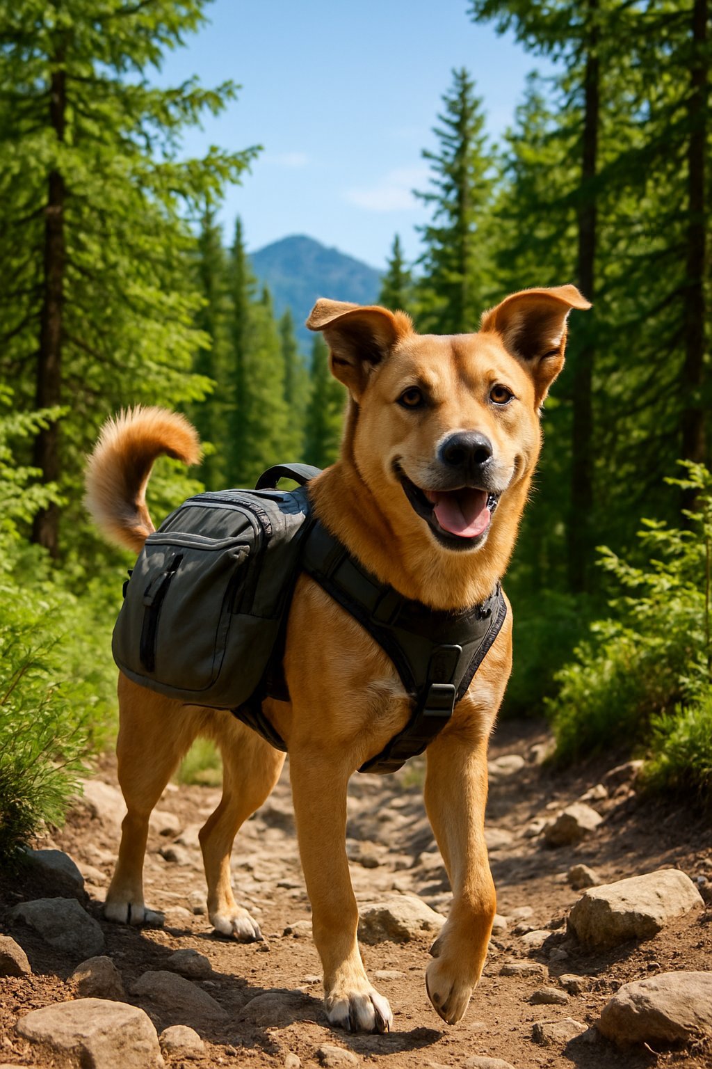 A dog wearing a hiking backpack stands on a forest trail with trees and mountains in the background.