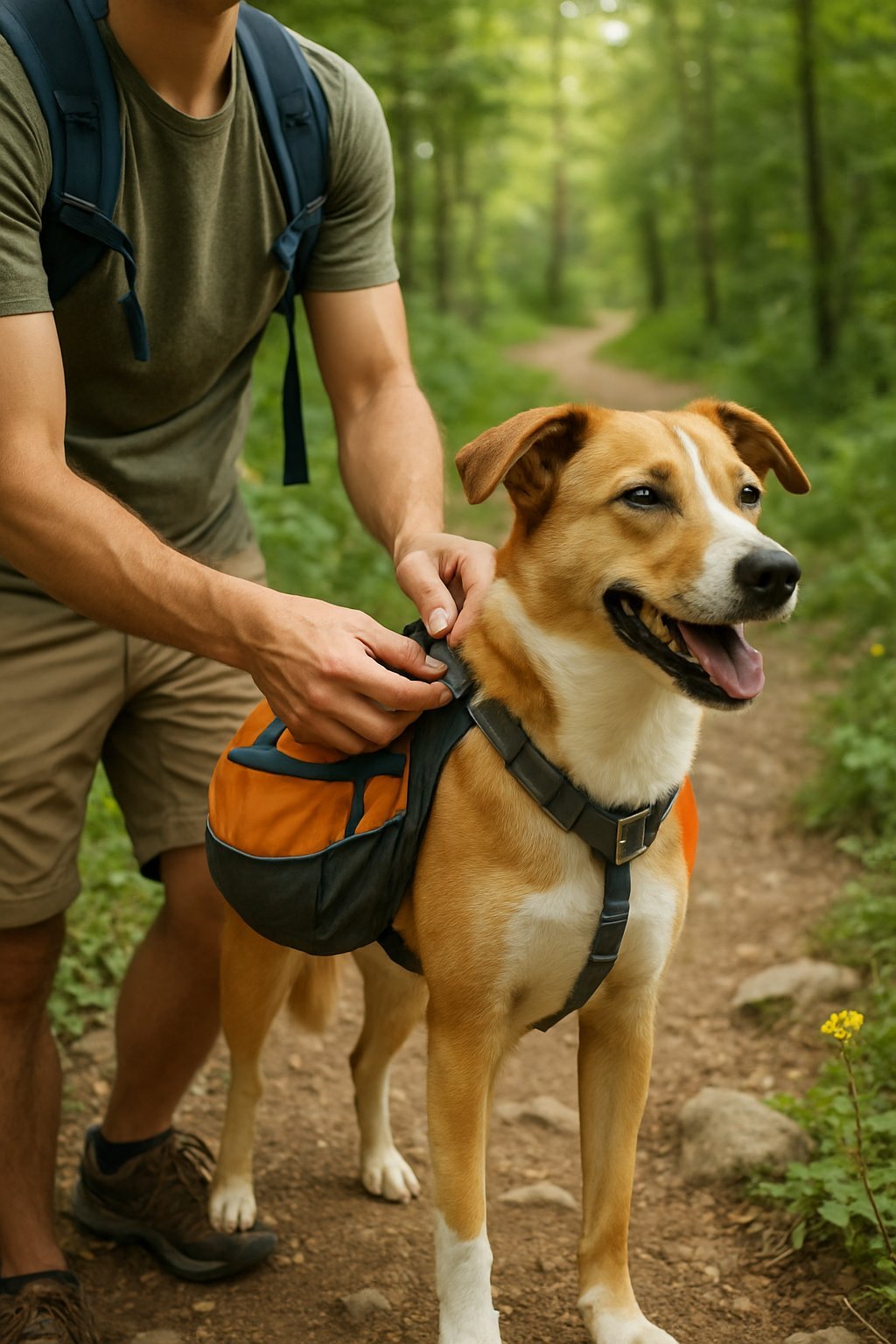 A person fitting a dog hiking backpack on a dog on a forest trail.