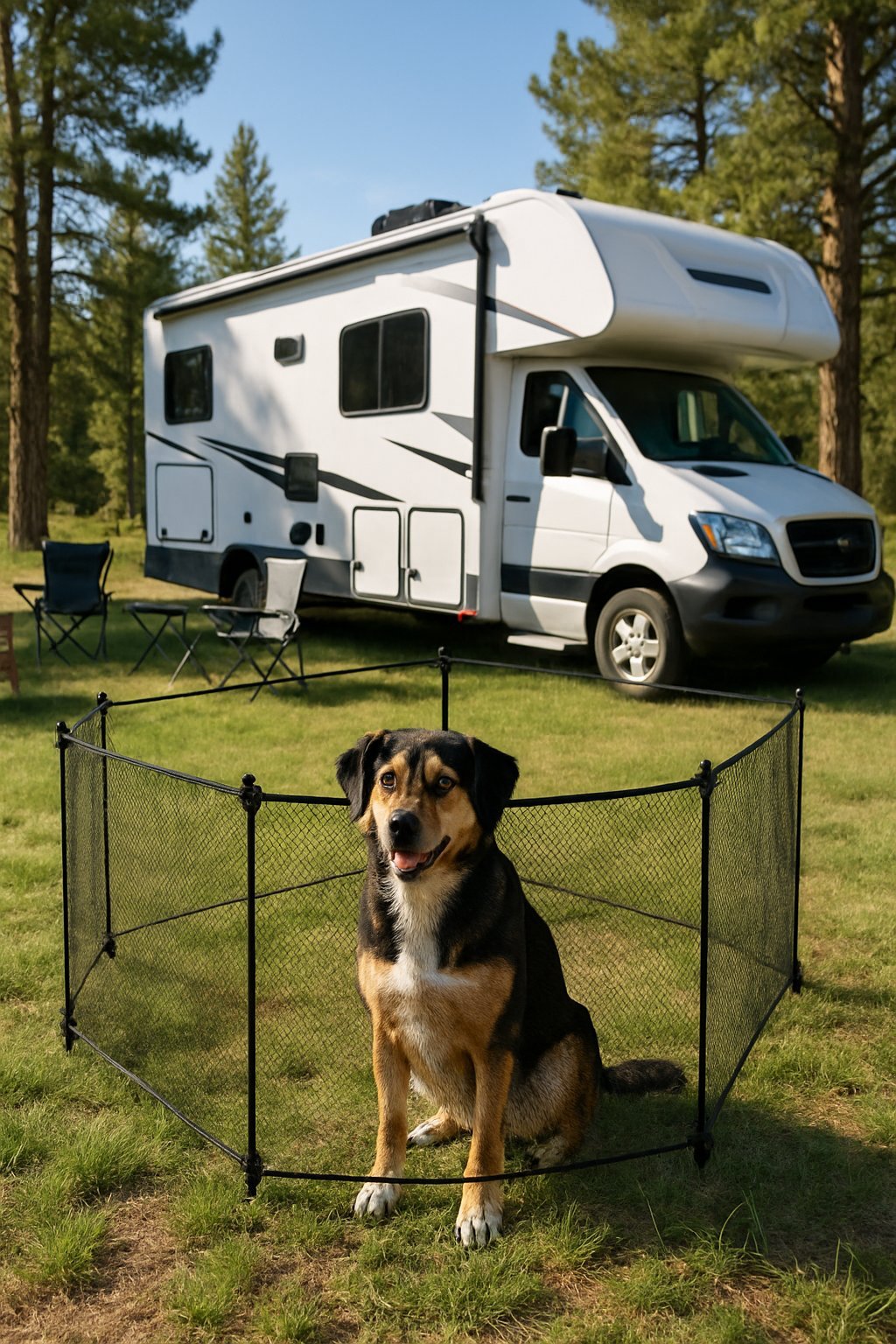 A dog enclosed within a portable mesh fence near an RV at a campsite surrounded by trees and camping equipment.