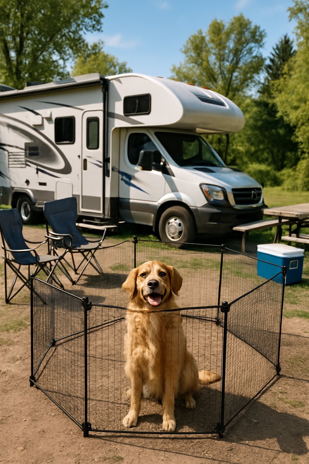 A dog inside a portable mesh fence near an RV in a green outdoor camping area.