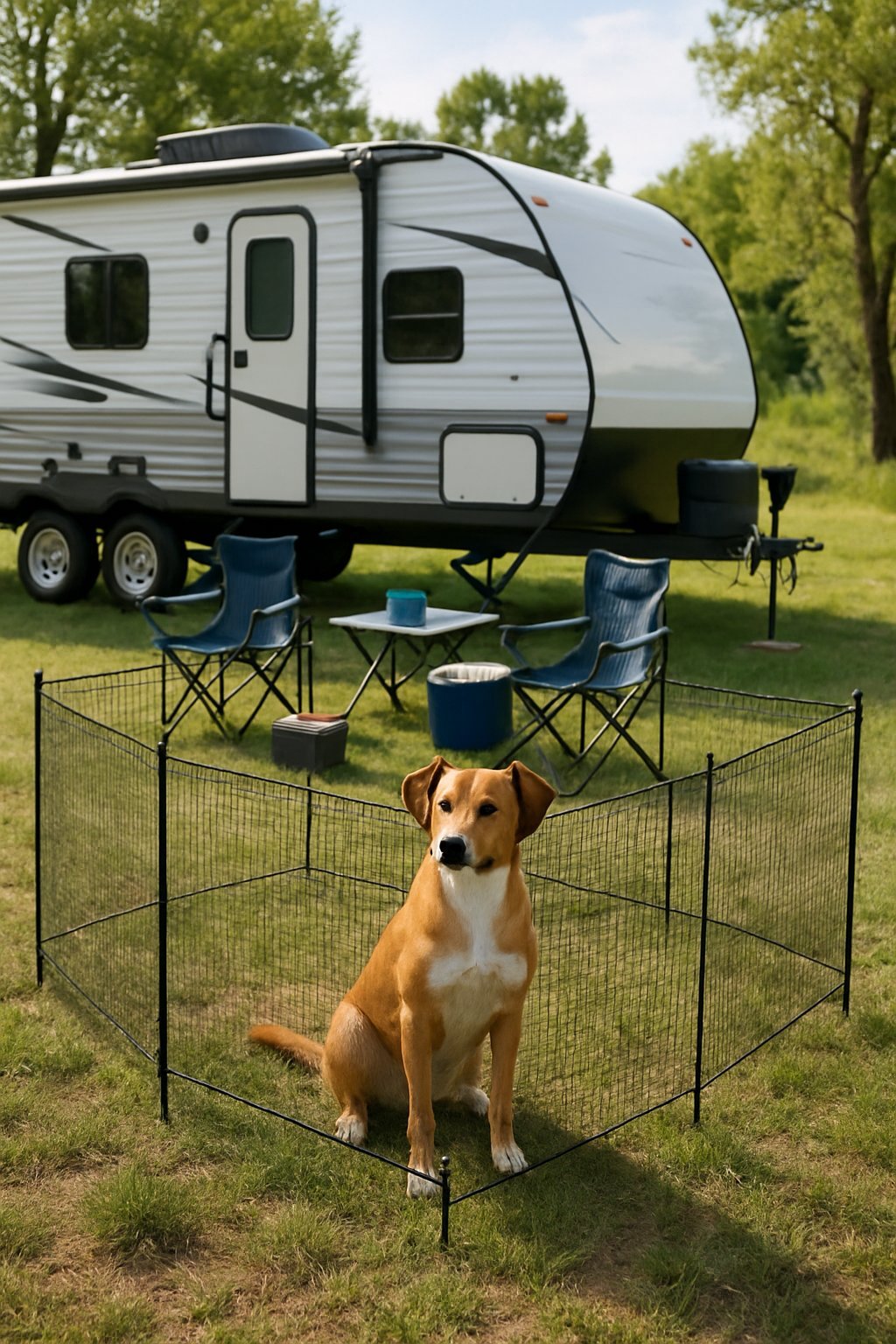 A dog enclosed within a portable fence near an RV at a campsite surrounded by trees and grass.