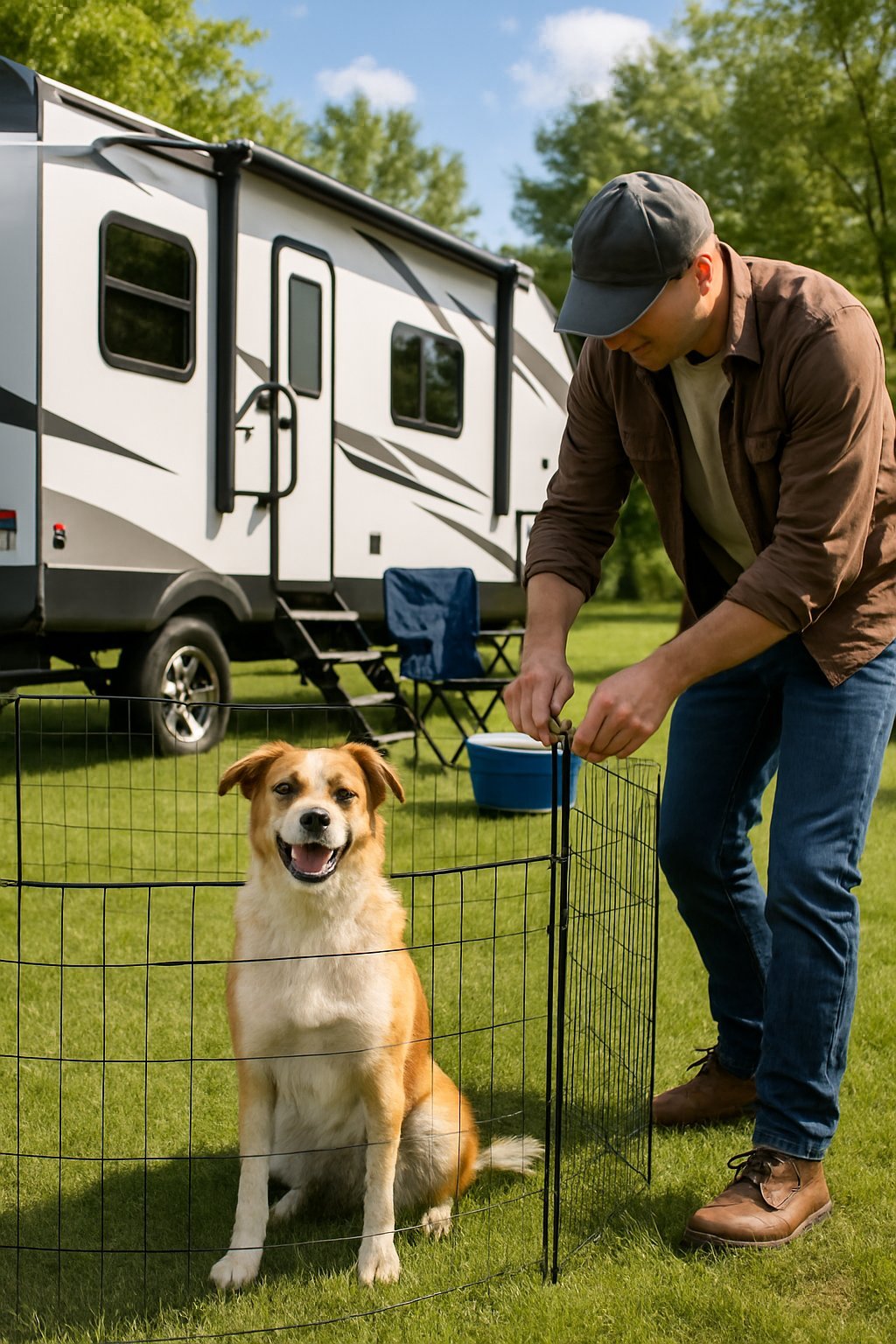 A dog inside a portable mesh fence at an RV campsite with a person adjusting the fence nearby.