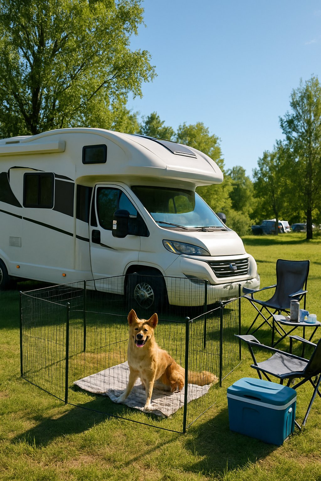 RV campsite with a portable dog fence enclosing a dog near a parked RV surrounded by trees and camping gear.