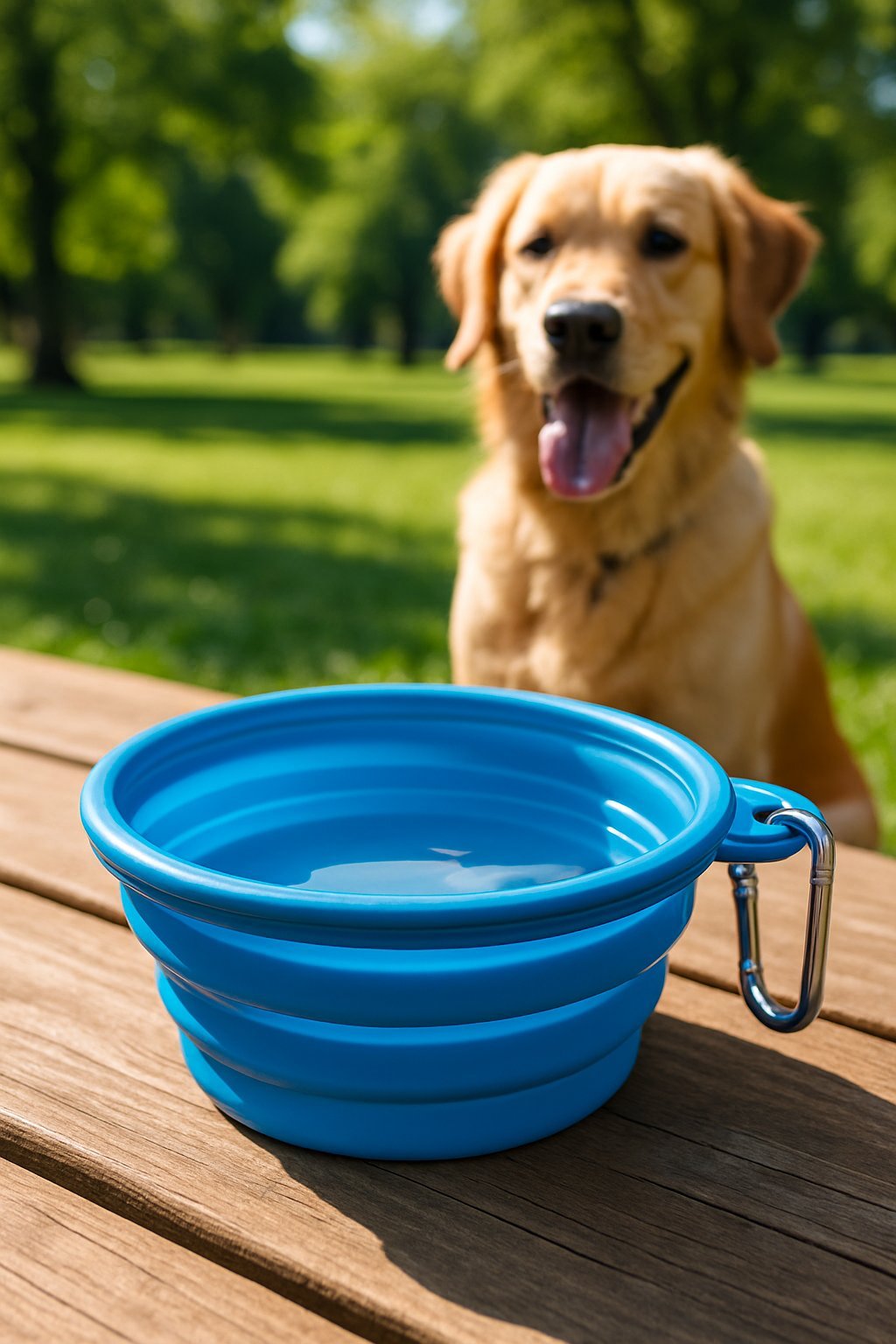 A collapsible dog bowl filled with water on a wooden table outdoors with a dog nearby.