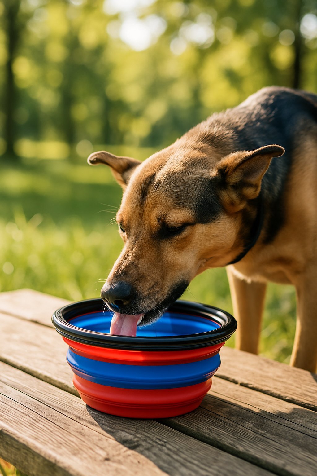 A collapsible dog bowl on a picnic table outdoors with a dog drinking water from it.