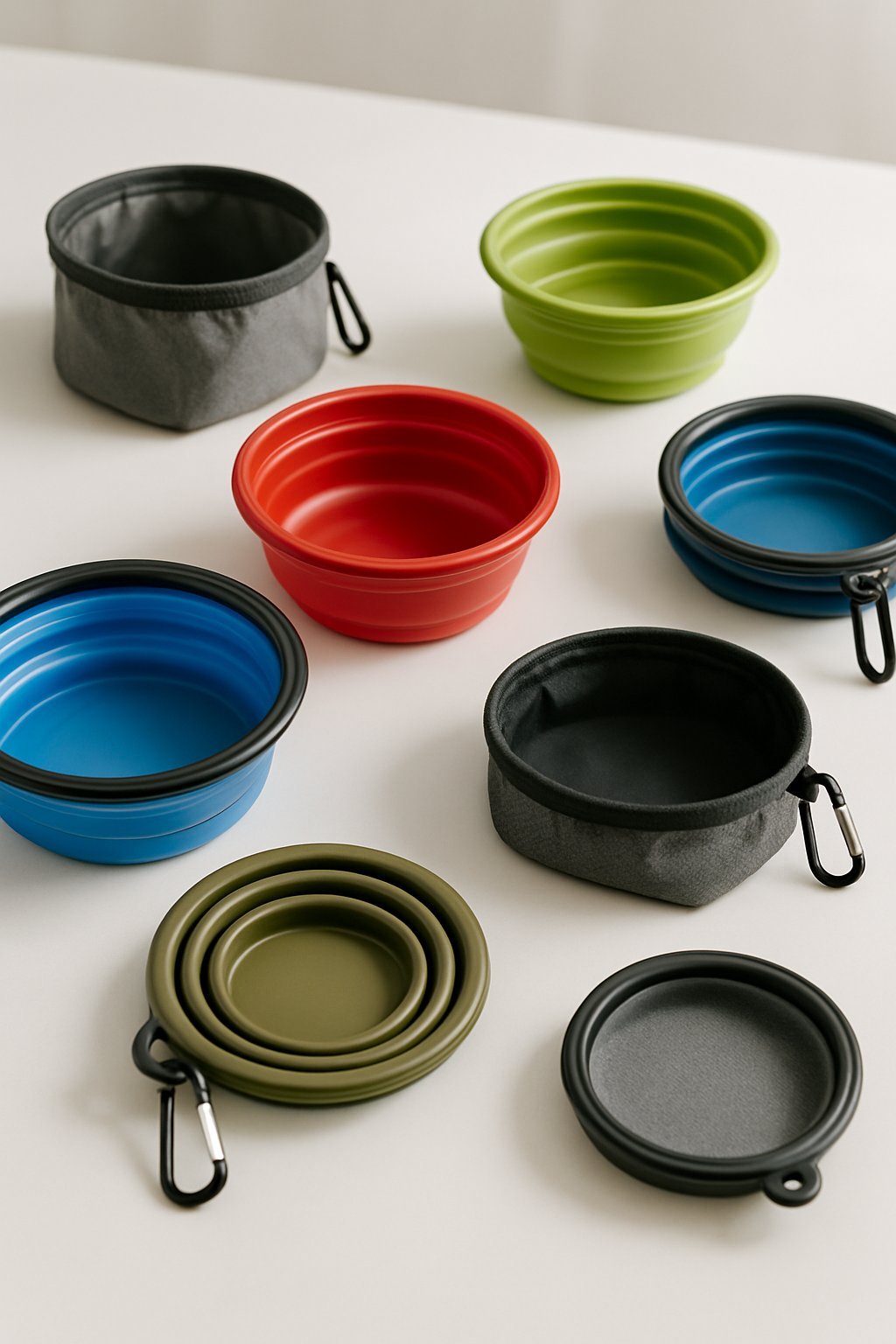 Various collapsible dog bowls in different materials and colors, some expanded and some collapsed, displayed on a white surface.