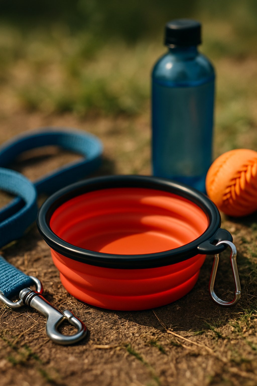 A collapsible dog bowl partially expanded outdoors with a leash and dog toy nearby.