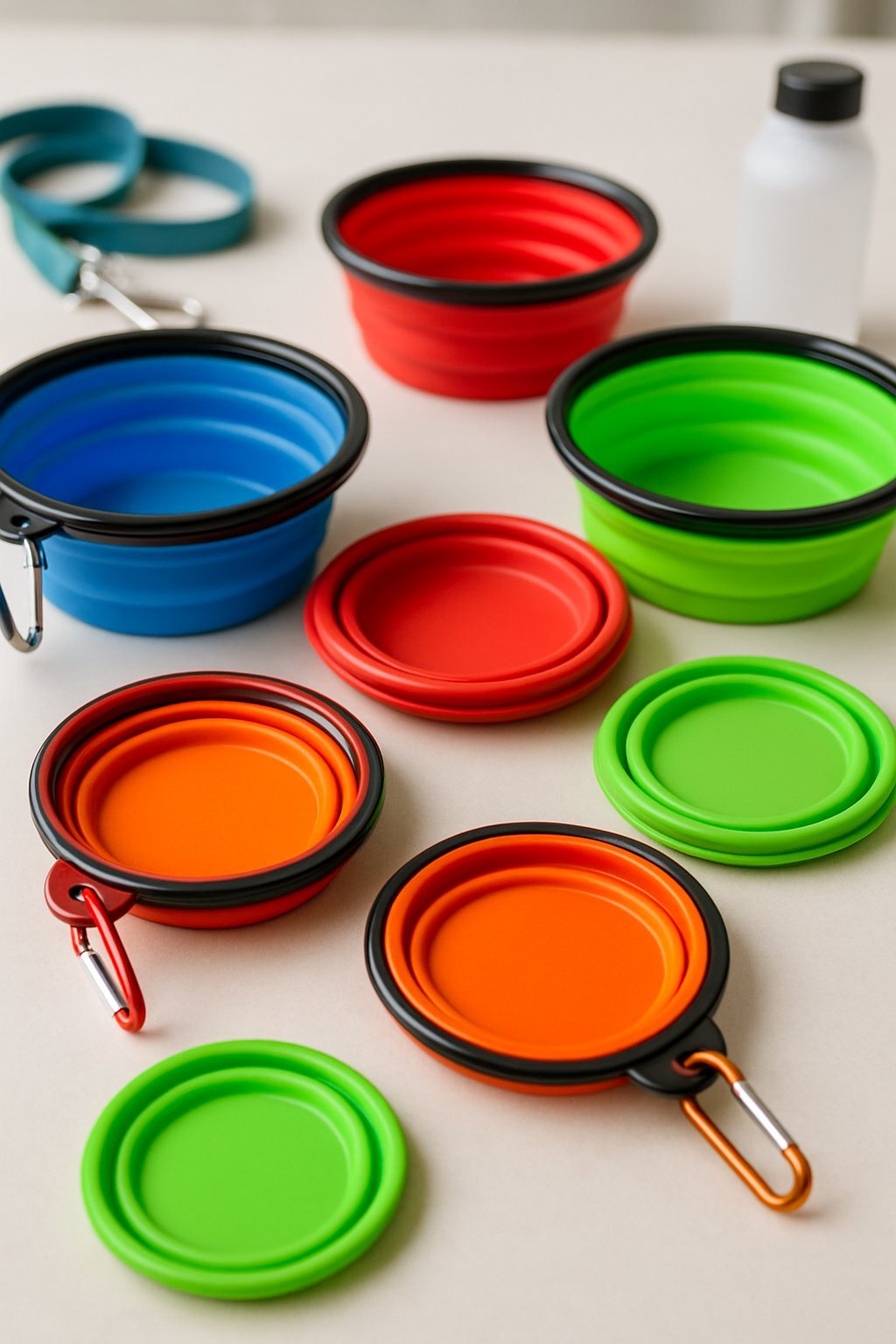 A collection of colorful collapsible dog bowls in various states of expansion arranged on a light surface with dog accessories nearby.