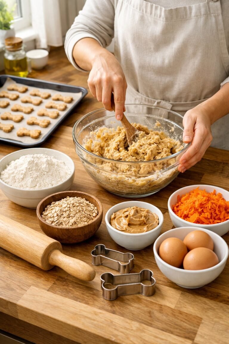 Hands preparing dog treat dough with ingredients and baking tools on a kitchen countertop.