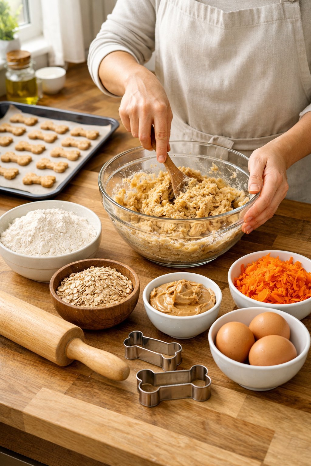 How to Make Dog Treats: A Beginner's Guide to Homemade Goodies for Your Pup Hands preparing dog treat dough with ingredients and baking tools on a kitchen countertop.