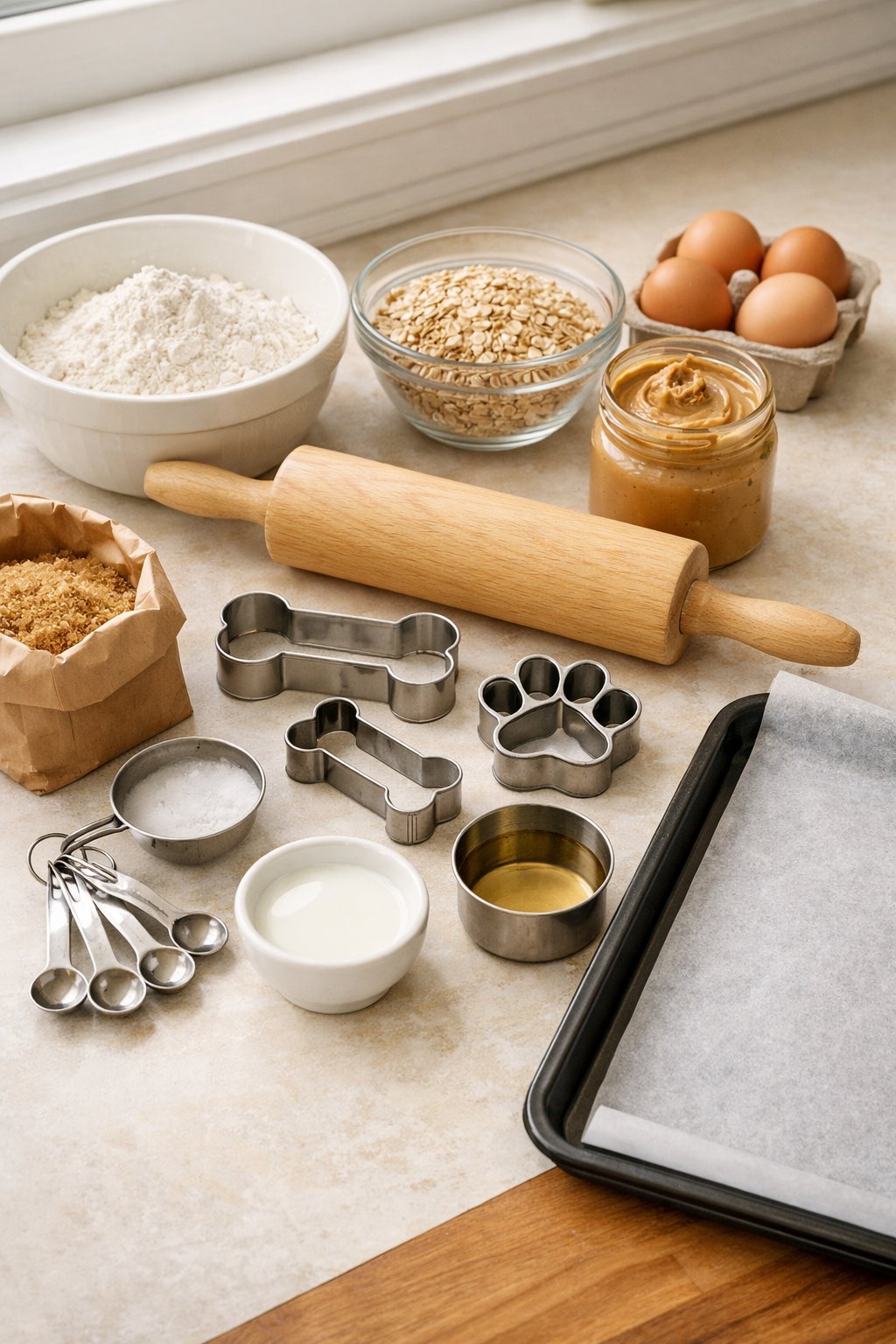 How to Make Dog Treats: A Beginner's Guide to Homemade Goodies for Your Pup Kitchen countertop with tools and ingredients for making dog treats, including rolling pin, mixing bowls, cookie cutters, peanut butter, eggs, and baking tray.