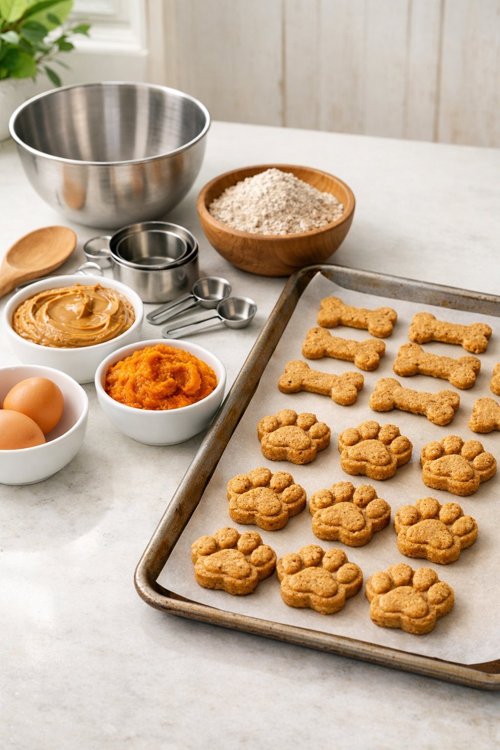 How to Make Dog Treats: A Beginner's Guide to Homemade Goodies for Your Pup A kitchen countertop with bowls of natural ingredients and freshly baked dog treats shaped like bones and paws.