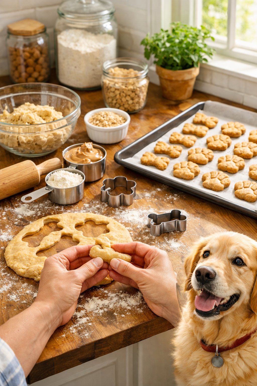 How to Make Dog Treats: A Beginner's Guide to Homemade Goodies for Your Pup A kitchen countertop with baking tools and ingredients for making dog treats, a baking tray with shaped treats, and a dog watching nearby.