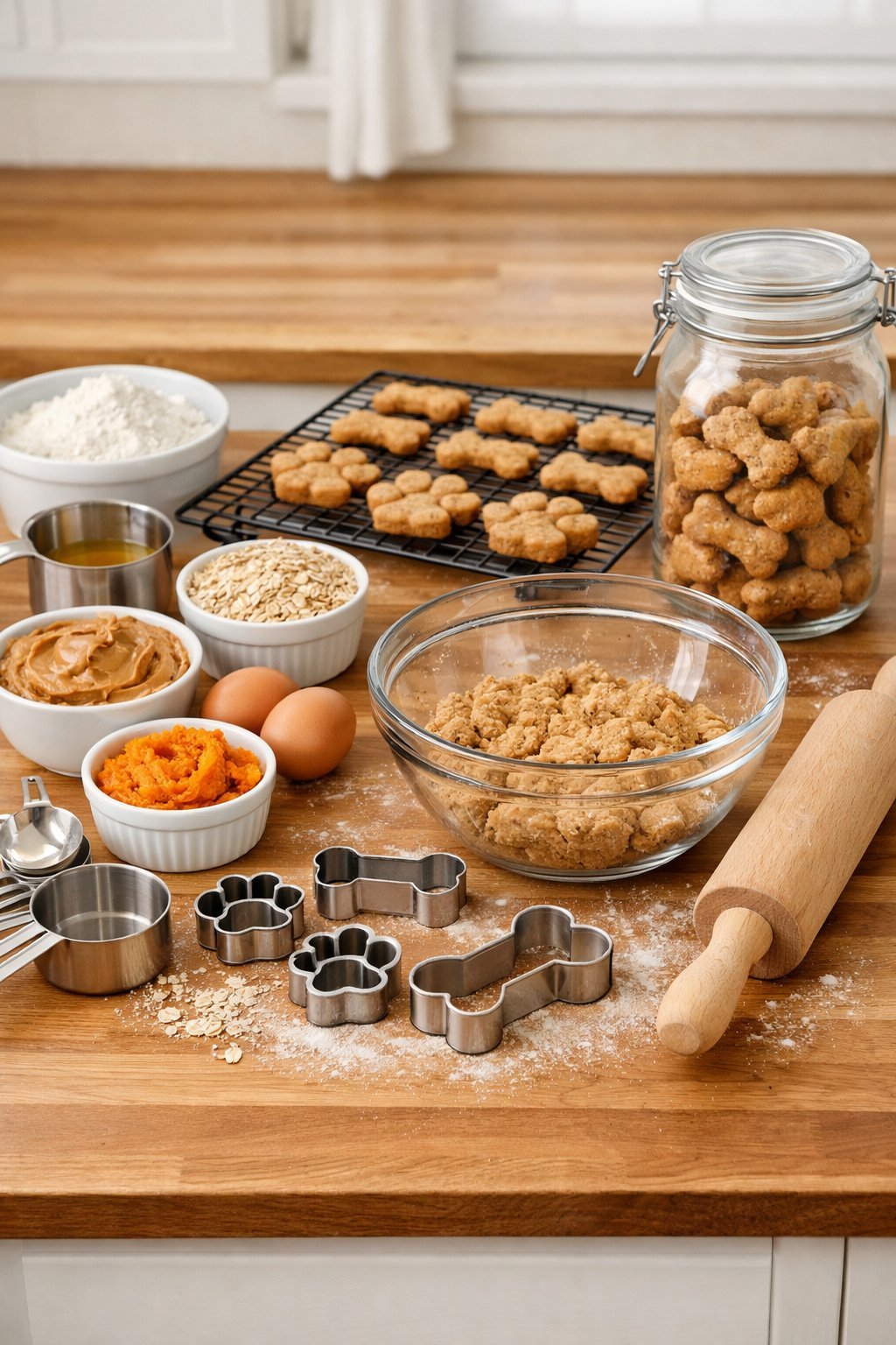 How to Make Dog Treats: A Beginner's Guide to Homemade Goodies for Your Pup A kitchen countertop with baking tools, natural ingredients, freshly baked dog treats on a cooling rack, and a storage jar filled with dog treats.